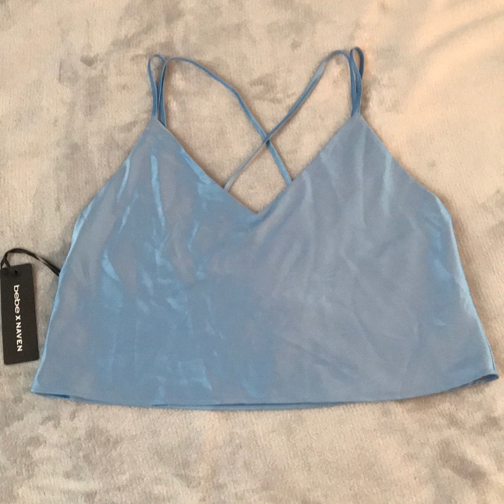 Bebe powder blue silky cross strap top